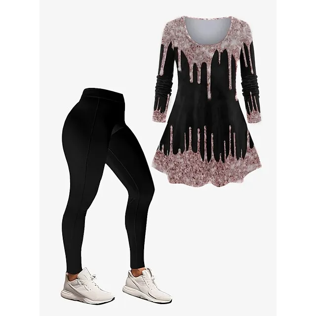 Women's Set Graphic Silver Dark Yellow Black Print Long Sleeve Daily Vacation Holiday Casual Festival Crew Neck Regular Fit Fall Winter