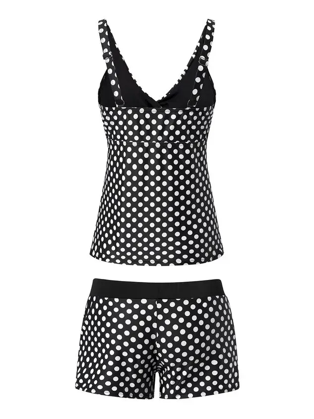 Casual Polka Dots Printing V neck Tankinis Two-Piece Set