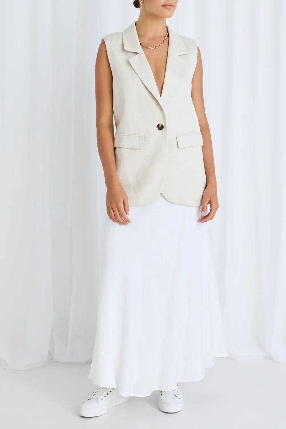 Beige Linen Sleeveless Vest