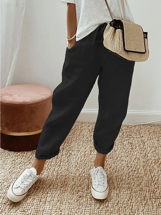 Women's Linen Pants Pants Trousers Baggy Cotton Plain Maillard Side Pockets Baggy Full Length Fashion Casual Daily Black White S M
