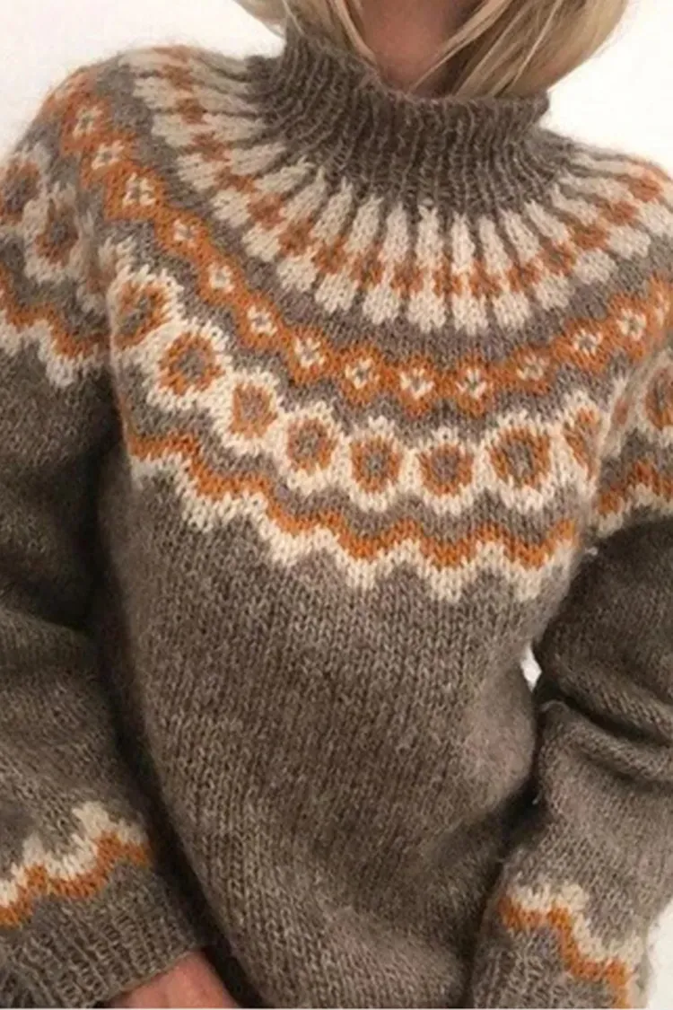 Vintage Turtleneck Pullover Chunky Jacquard Sweater