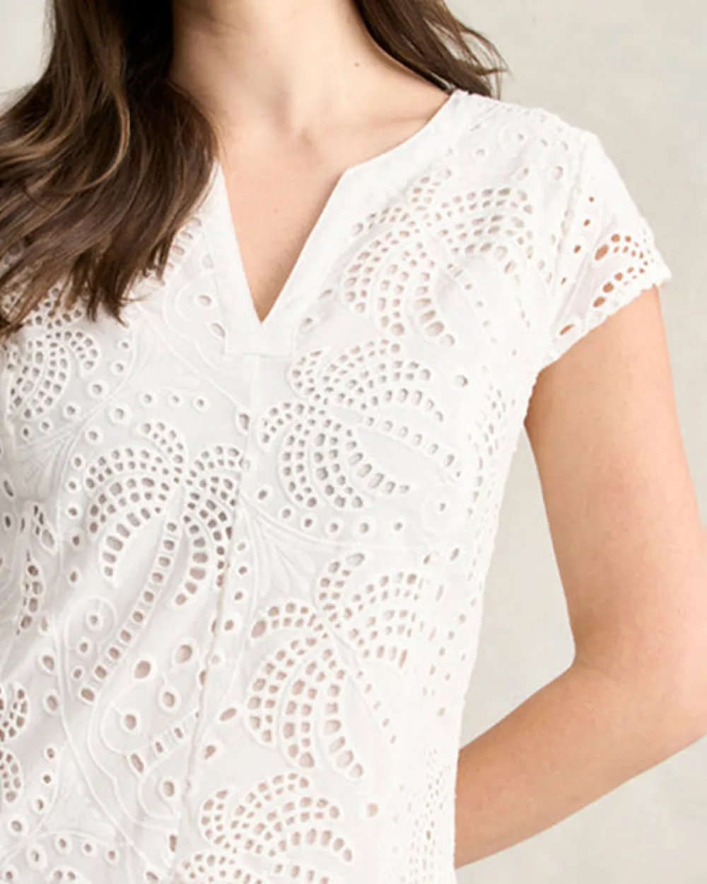 V Neck Short Sleeve Eyelet Midi Dress