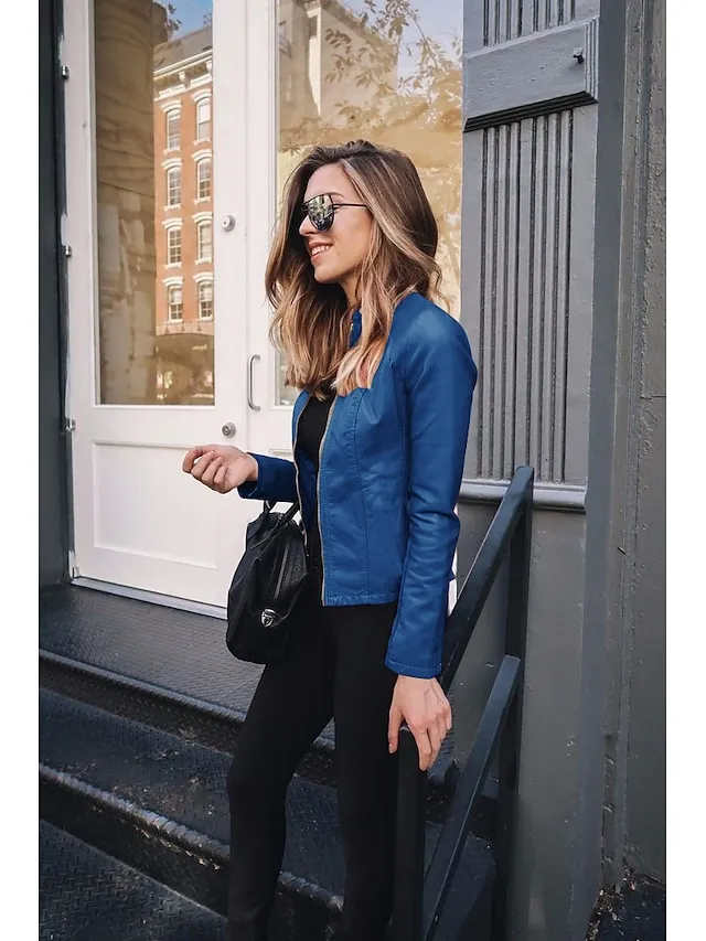 Women's Faux Leather Jacket Clean Fit Faux Motorcycle Moto Biker Coat Plus Size Short Zipper Jacket Light Pink Navy Wine Red ArmyGreen  Chic & Modern Street Fall Collarless Slim Fit S M L XL XXL XXXL