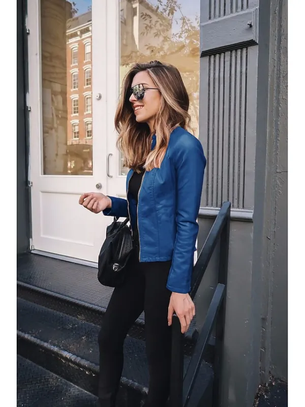 Women's Faux Leather Jacket Clean Fit Faux Motorcycle Moto Biker Coat Plus Size Short Zipper Jacket Light Pink Navy Wine Red ArmyGreen  Chic & Modern Street Fall Collarless Slim Fit S M L XL XXL XXXL