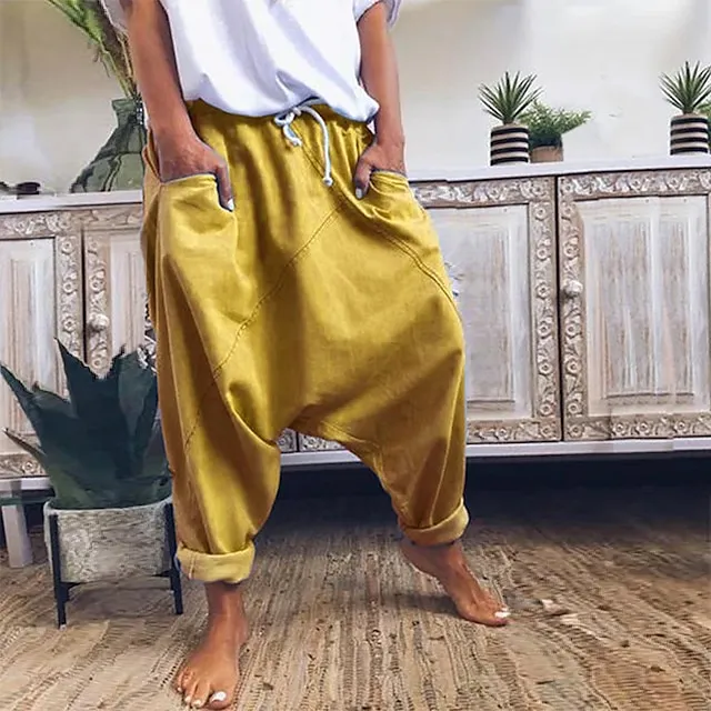 Women's Fashion Streetwear Chinos Harem Pants Side Pockets Baggy Elastic Drawstring Design Full Length Pants Casual Weekend Micro-elastic Plain Linen / Cotton Blend Comfort Mid Waist Loose Blue Gray