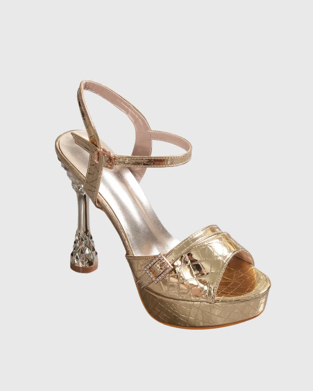 Texture Platform Flared Heel Sandals in Gold