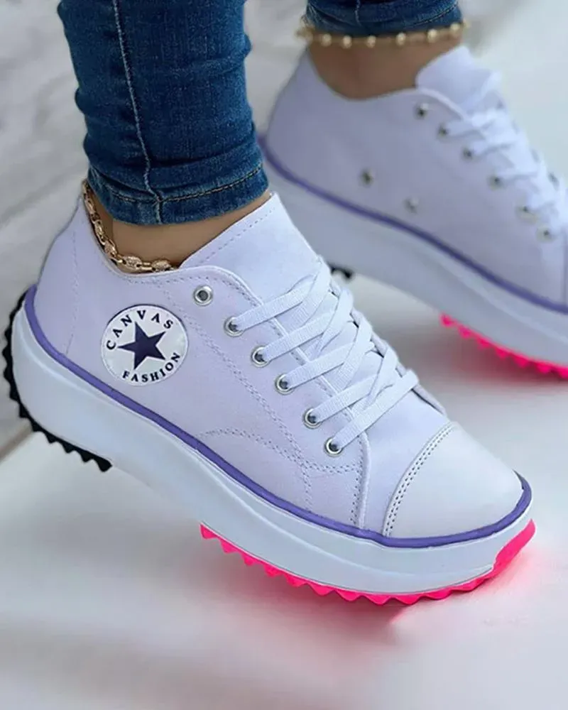 Eyelet Lace-up Flatform Canvas Shoes