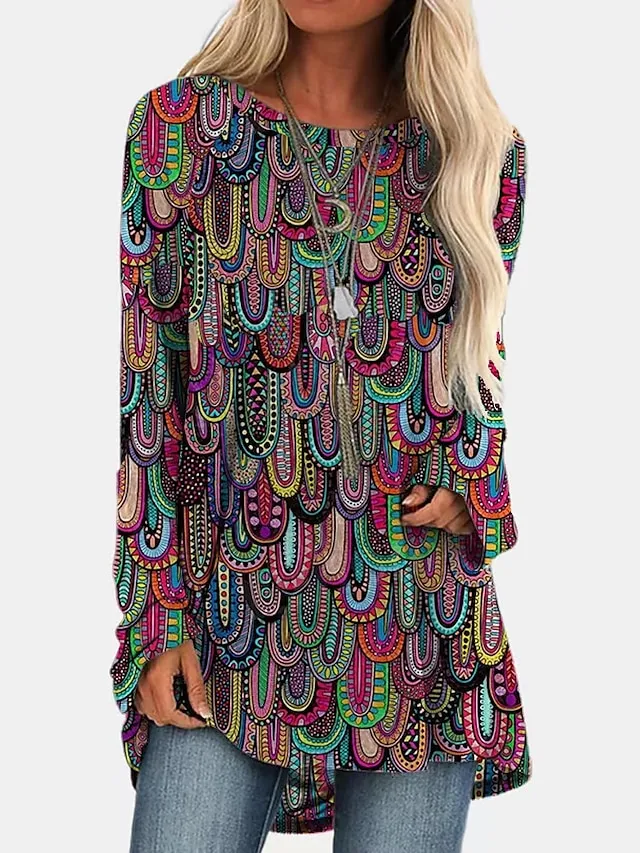 Women's Plus Size T shirt Tee Burgundy Tee Tunic Shirts Marron Yellow Light Green Geometric Plaid Print Long Sleeve Casual Vintage Tunic Ethnic Round Neck Regular Fit Bohemian Theme Geometric Fall