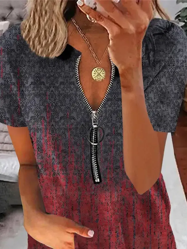 Women's Short Sleeve V-neck Graphic Printed Zipper Top