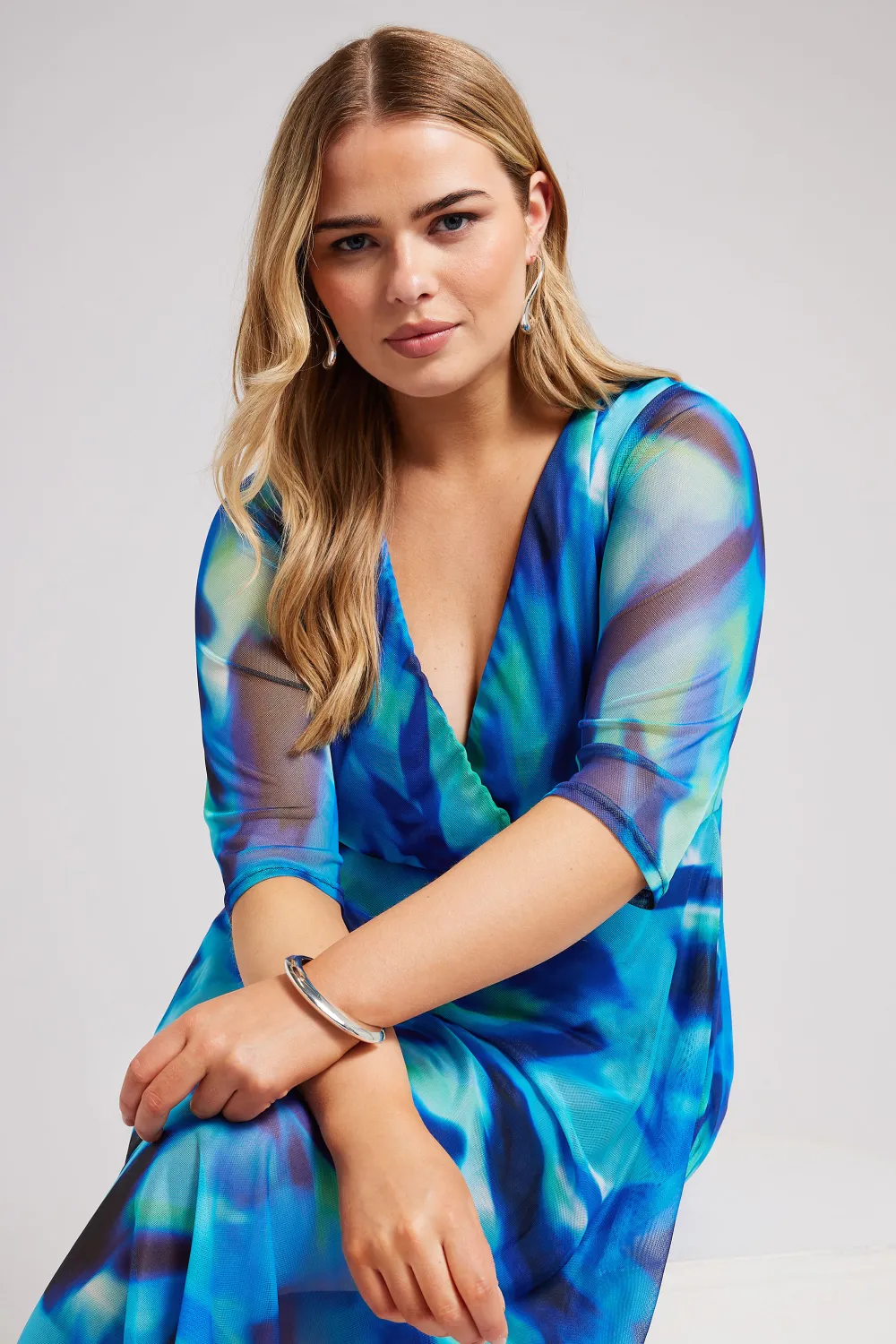 YOURS LONDON Curve Blue Abstract Print Wrap Mesh Dress