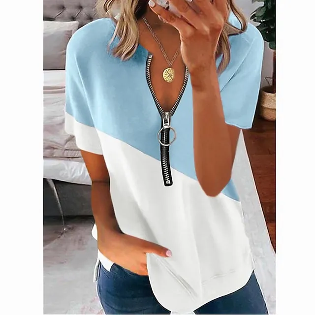 Women‘s Summer Contrast Printing V-neck Zipper Short-sleeved Shirt T-shirt Top