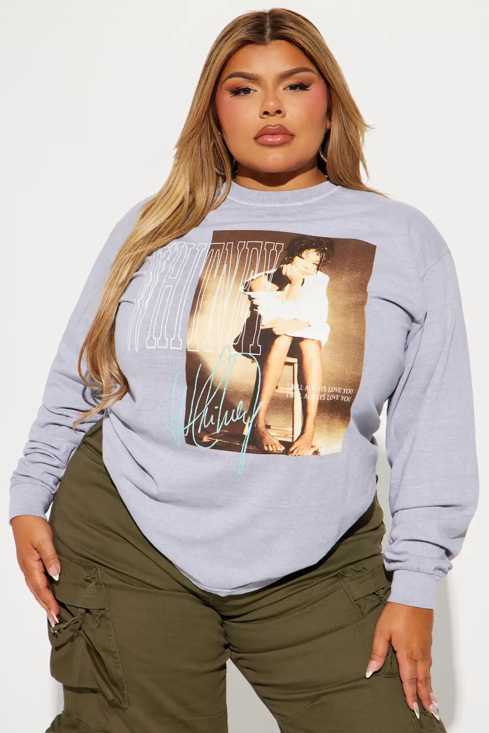 Whitney Houston Washed Long Sleeve Tee - Grey