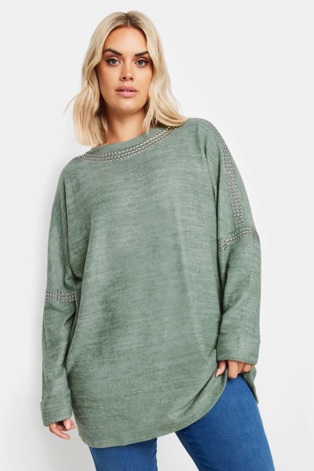 YOURS Curve Sage Green Marl Stud Neckline Embellished Jumper