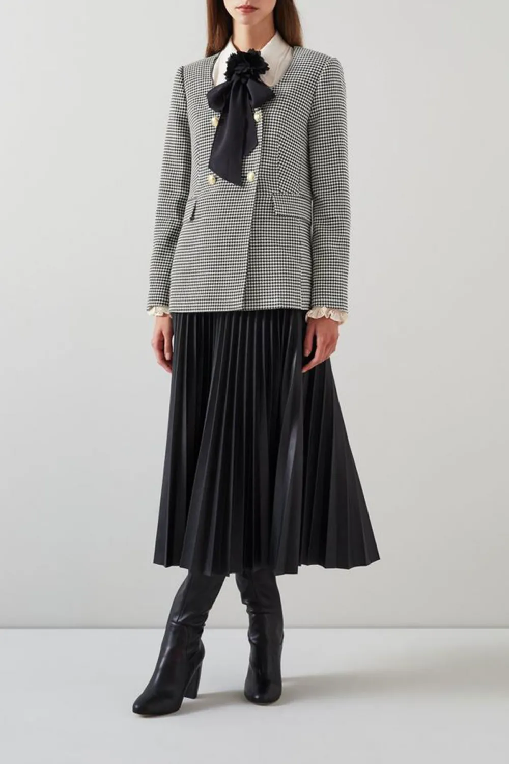 Black Cream Checkered Bow Detail Short Coat