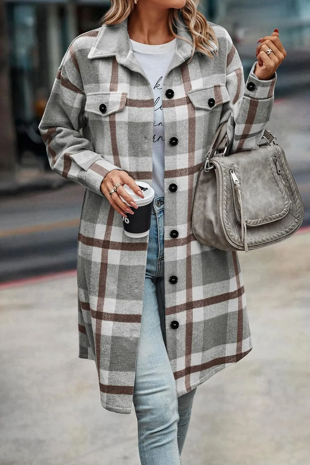 Women's Plaid Shacket 2023 Long Sleeve Button Up Flannel Shirt Winter Tartan Jacket Woolen Coats