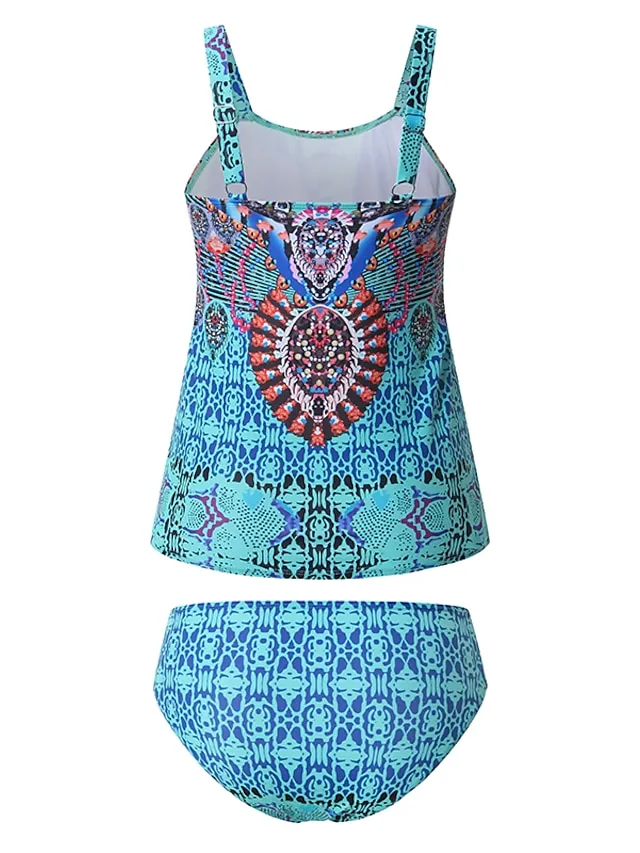 Women's Swimwear Tankini 2 Piece Normal Swimsuit 2 Piece Modest Swimwear Open Back Printing Color Block Blue Camisole Strap Bathing Suits New Vacation Fashion