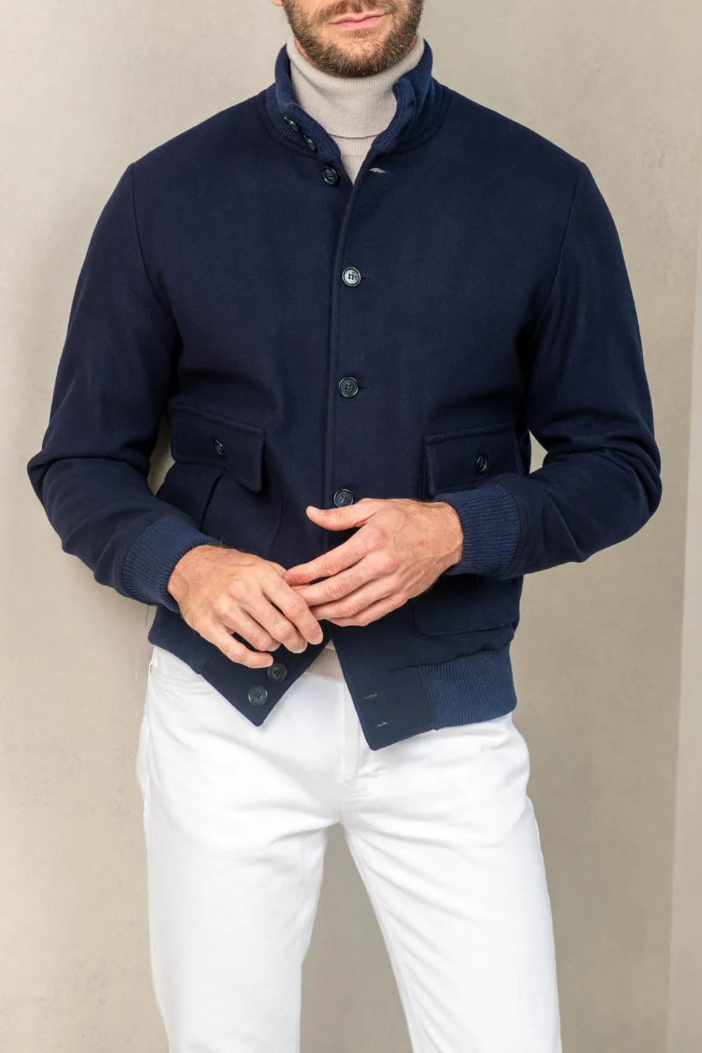 Blue Super 180'S Wool Flannel Bomber Jacket