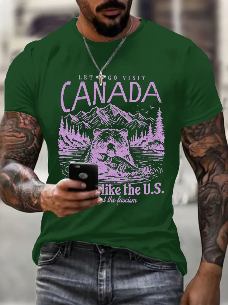Men'S Let'S Go Visit Canada Short Sleeve Crew Neck Cotton Print T-Shirt