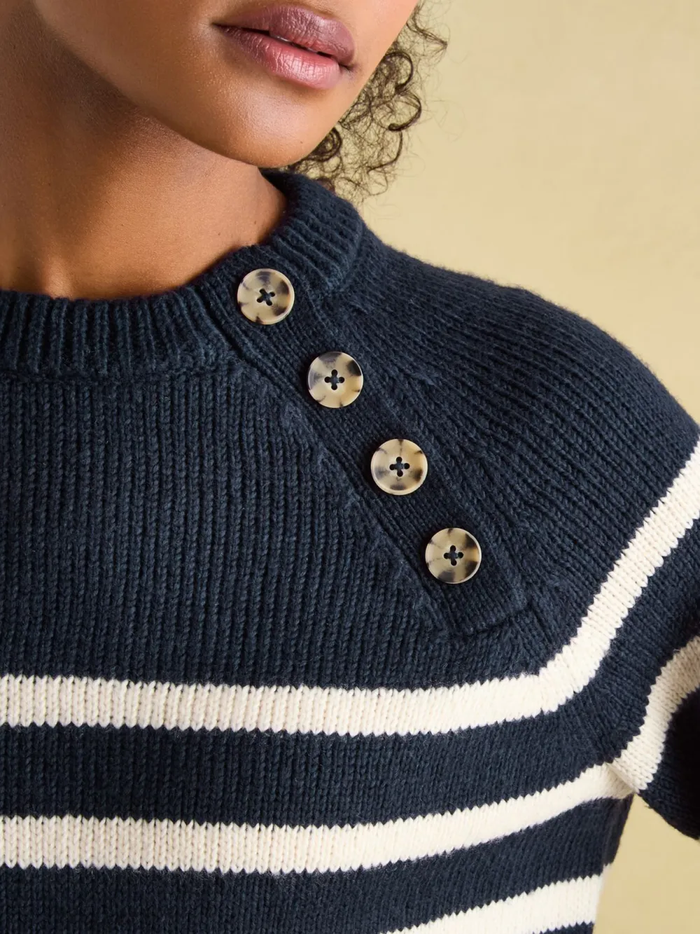 Navy Striped Button Neck Jumper