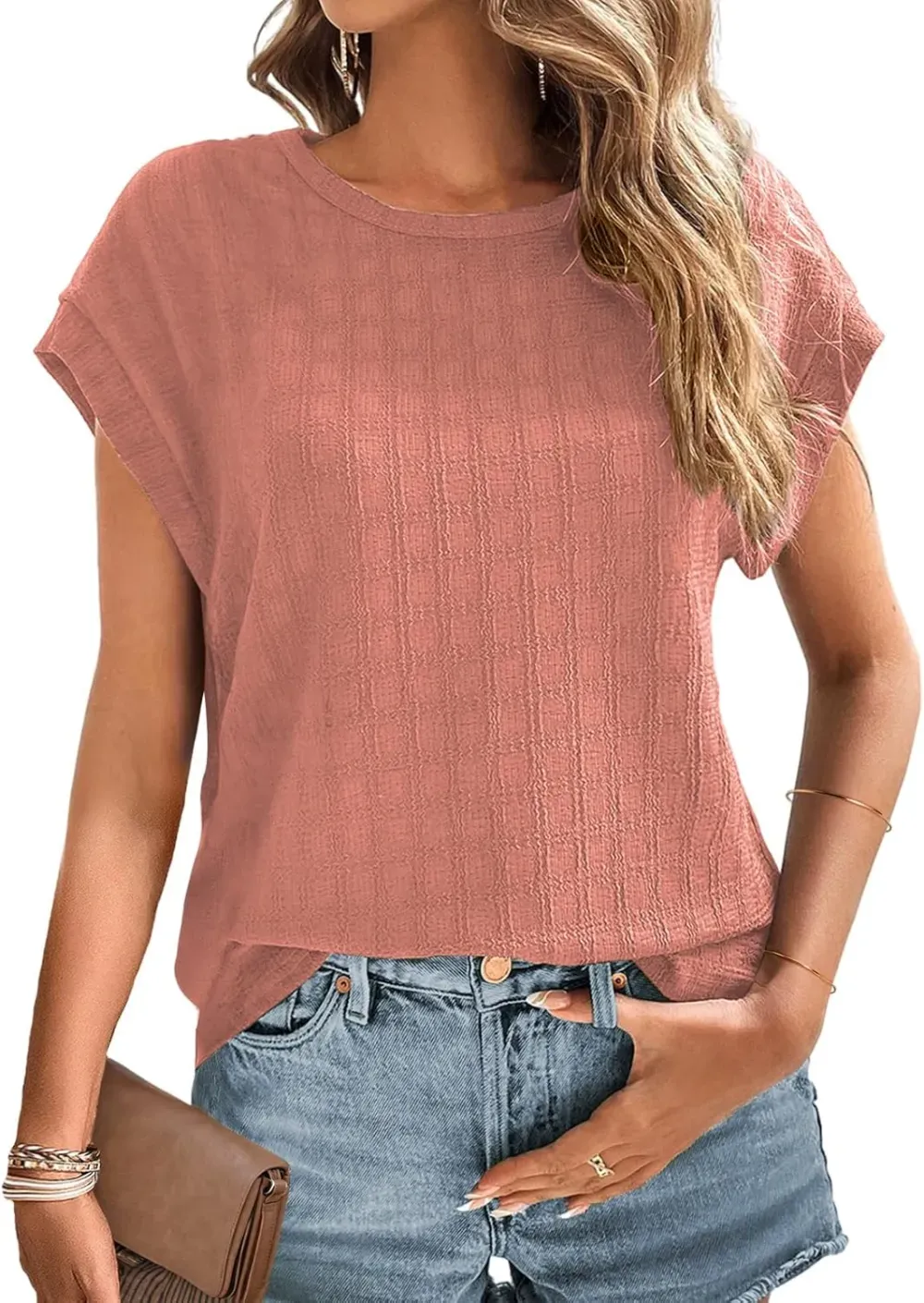 Dokotoo Tops for Women Trendy Summer Casual Cap Short Sleeve Basic Textured Solid Color Round Neck T Shirts Blouse