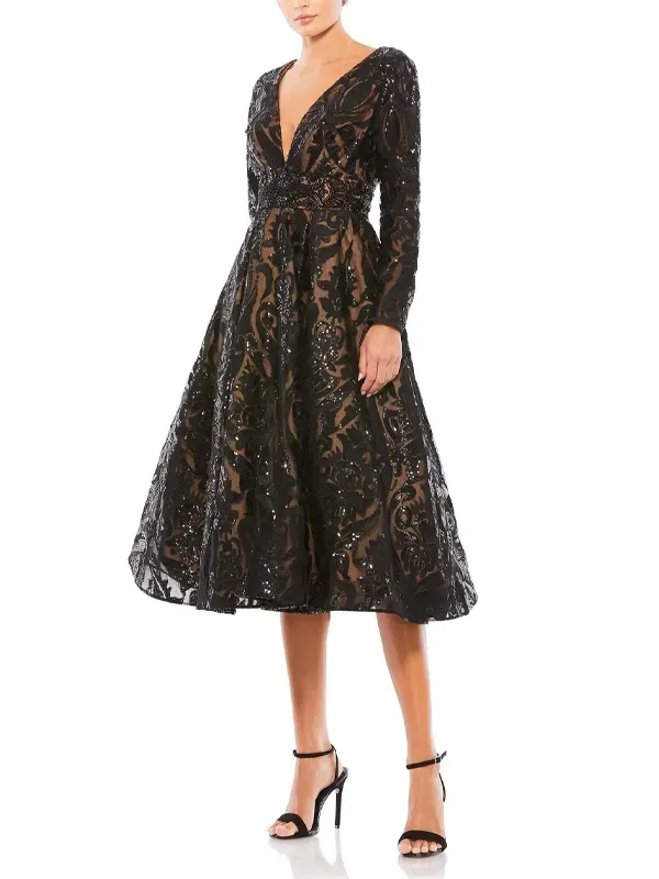 V Neck Long Sleeve Lace Midi Dress