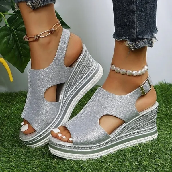Women's Sandals Wedge Sandals Platform Sandals Plus Size Outdoor Daily Beach Summer Wedge Heel Peep Toe Casual Minimalism Faux Leather Buckle Solid Color Silver Gold