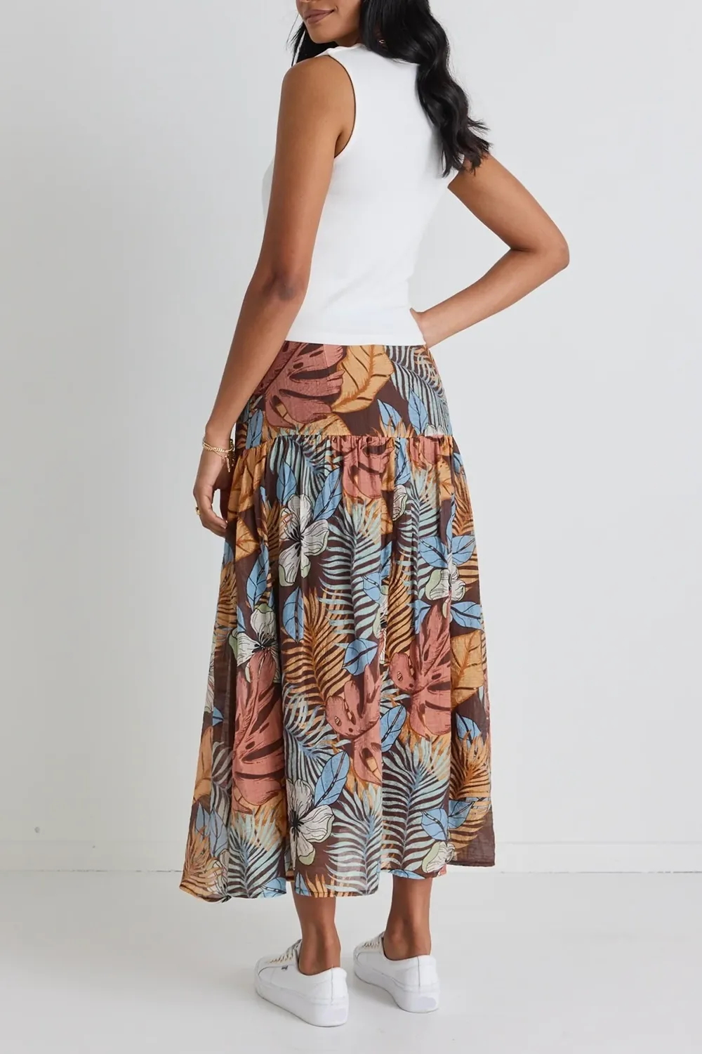 Floral Print Tiered Midi Skirt