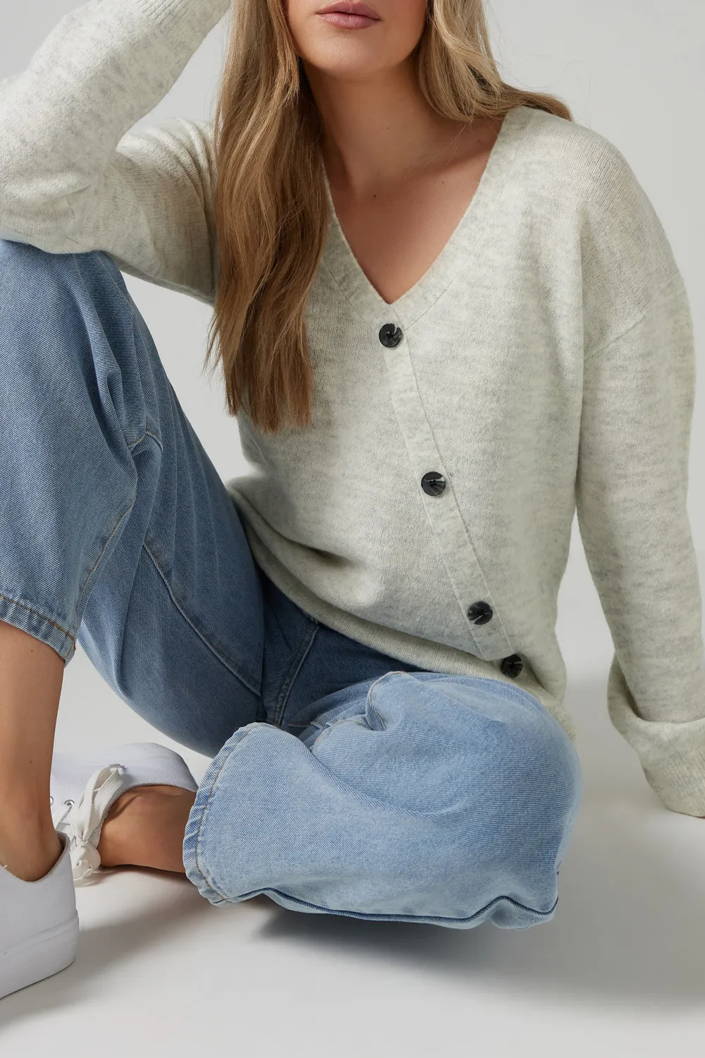 Asymmetric Button Decoration V-Neck Sweater
