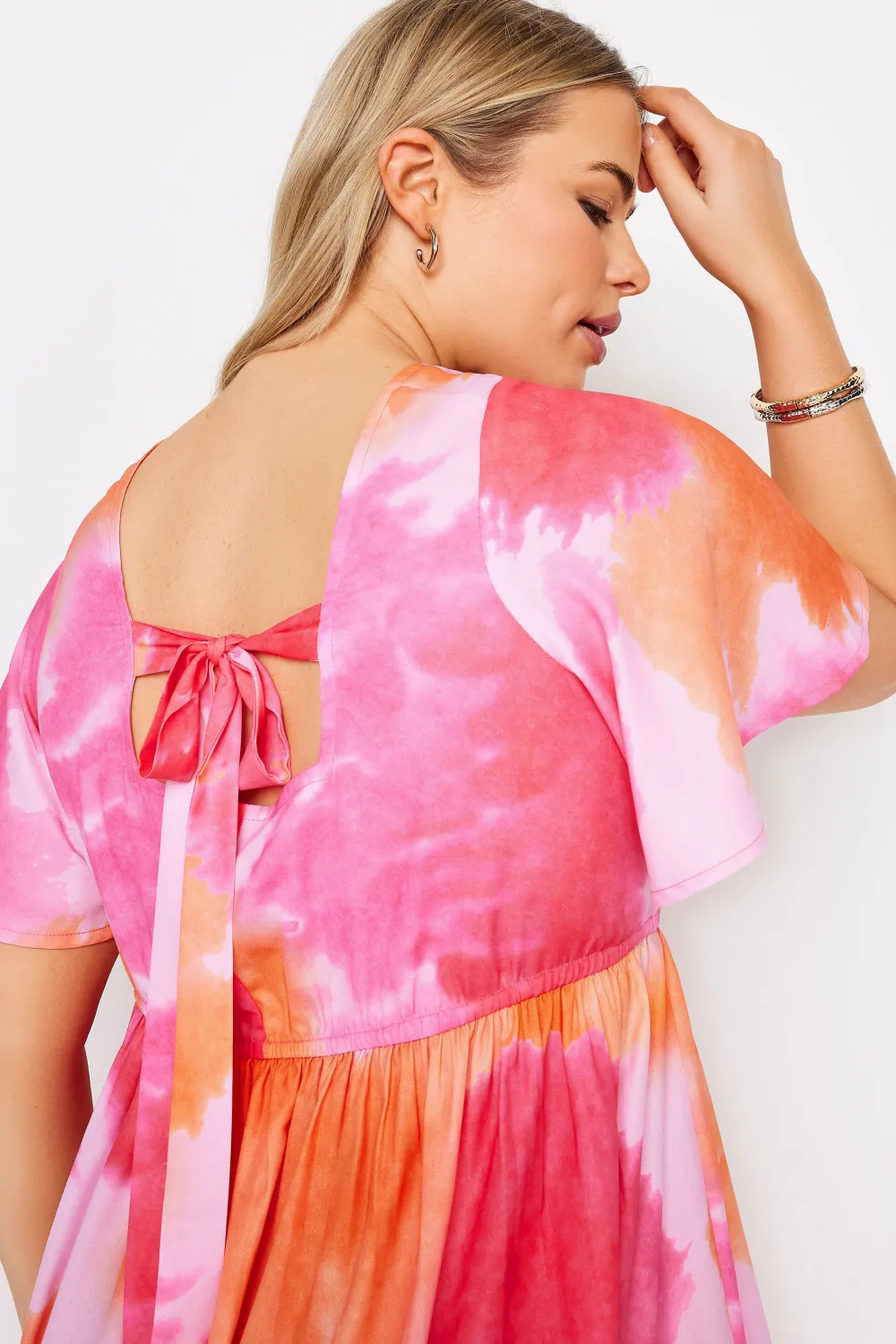 YOURS Curve Pink Blur Print Bow Back Midaxi Dress