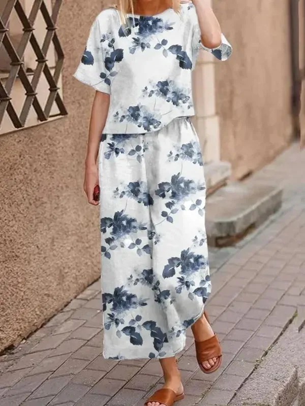 Printed temperament round neck short sleeve ladies cotton linen sets