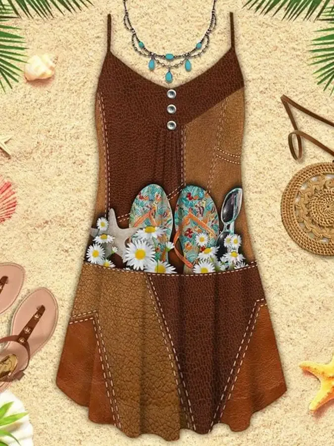 Vacation Daisy Slipper Starfish Sunglasses Print Spaghetti Strap Dress Swimsuit Coverup