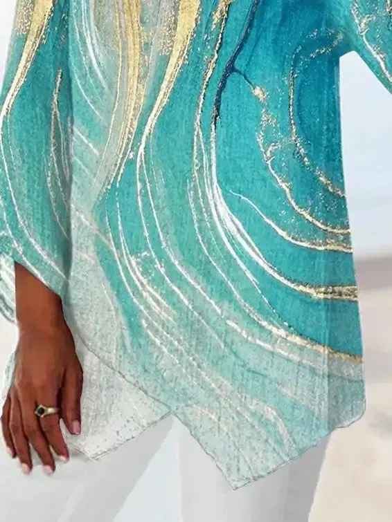 Women Asymmetrical 3/4 Sleeve V-neck Printed Striped Top Dress