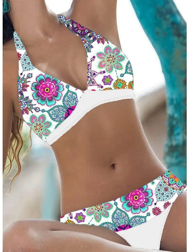Women's Swimwear Bikini 2 Piece Normal Swimsuit Halter 2 Piece Open Back Sexy Floral White Blue Dusty Blue Green Halter V Wire Bathing Suits Sexy Vacation Beach Wear
