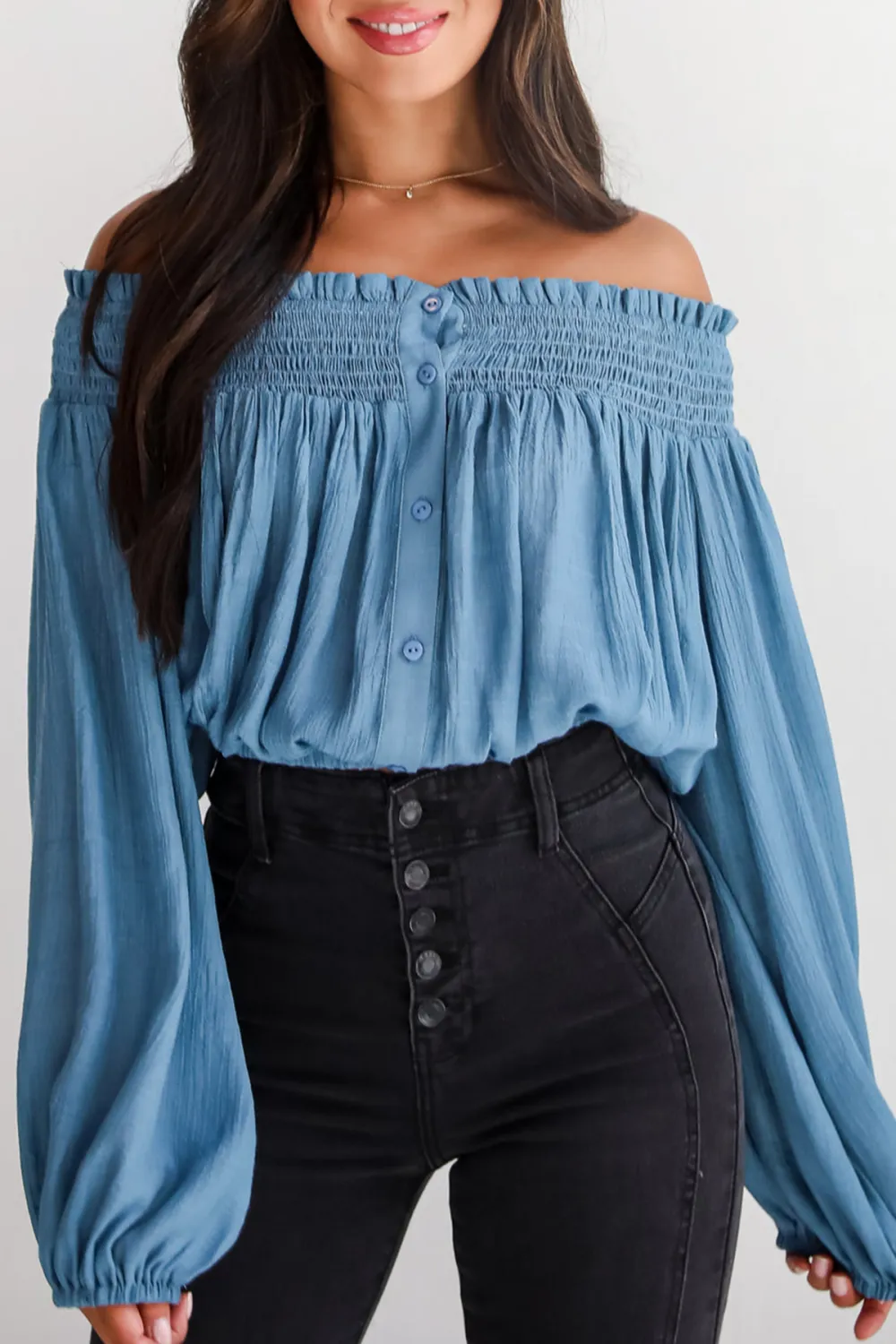 Utterly Pretty Blue Off-The-Shoulder Cropped Blouse