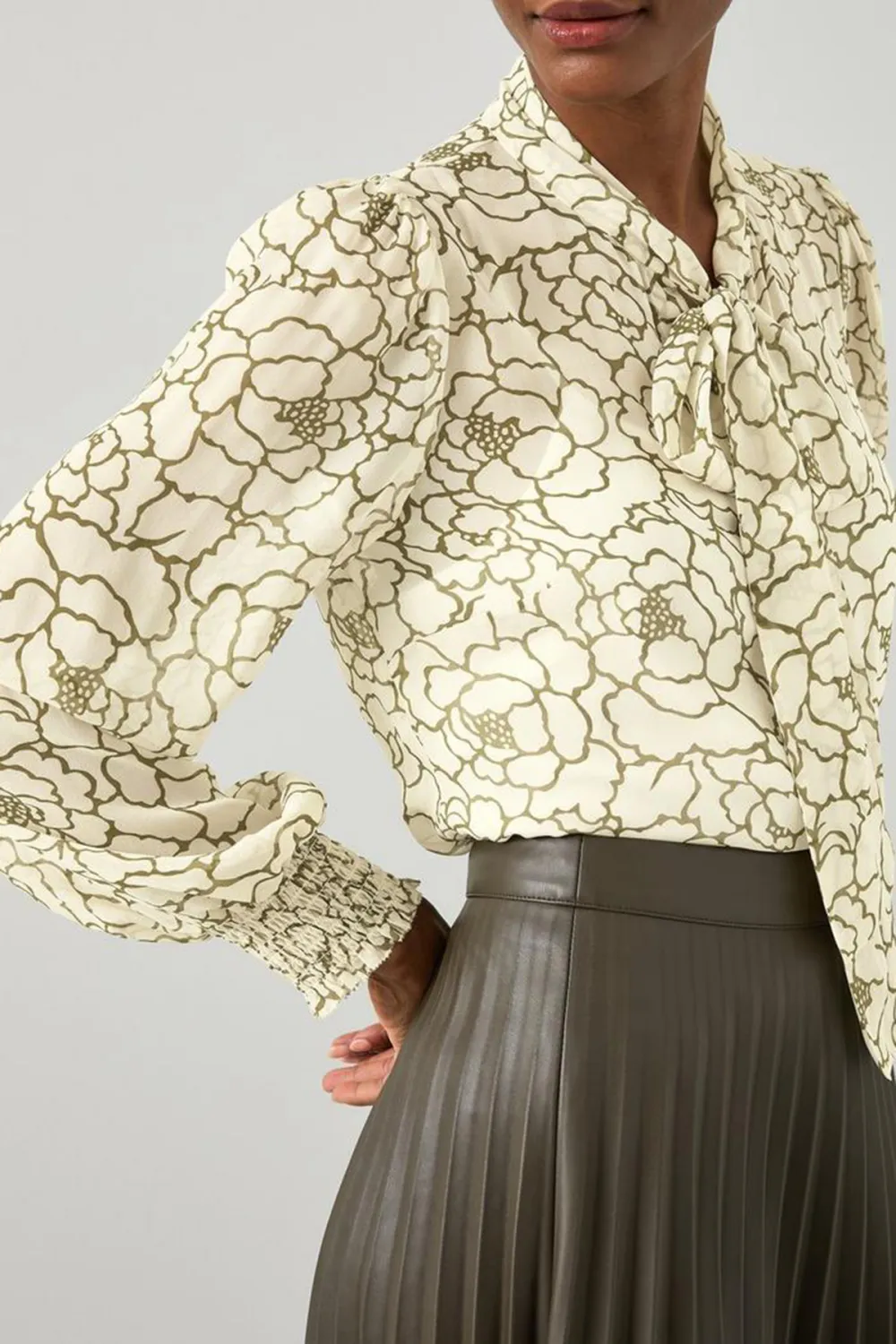 Cream Floral Print Tie Neck Long Sleeve Blouse