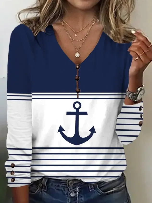 Women Striped V Neck Casual Long Sleeve T-shirt