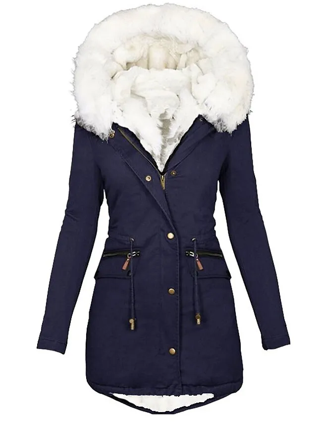 Women's Parka Fleece Lined Puffer Jacket Thicken Winter Coat with Fur Collar Hood Thermal Warm Heated Jacket with Pockets Fall Windproof Zipper Drawstring Outerwear Long Sleeve