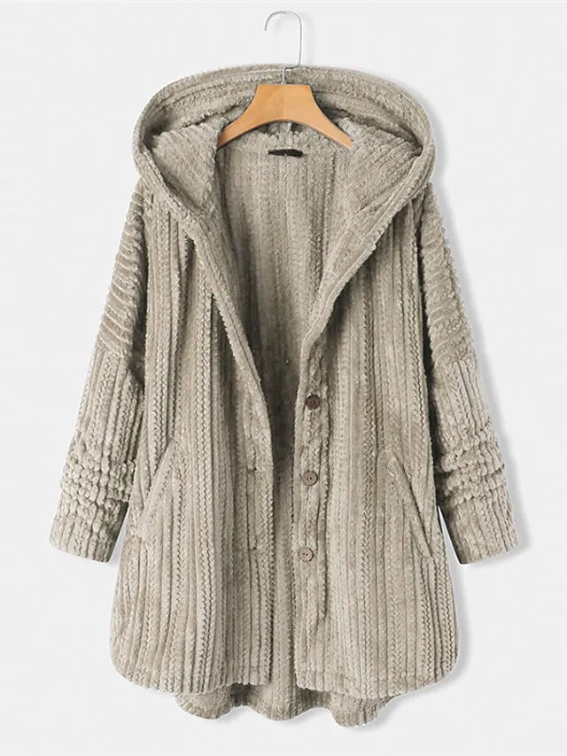 Women's Plus Size Teddy Coat Winter Coat Button Pocket Plain Outdoor Causal Long Sleeve Hoodie Regular Winter Fall Black Blue Khaki XL XXL 3XL 4XL 5XL