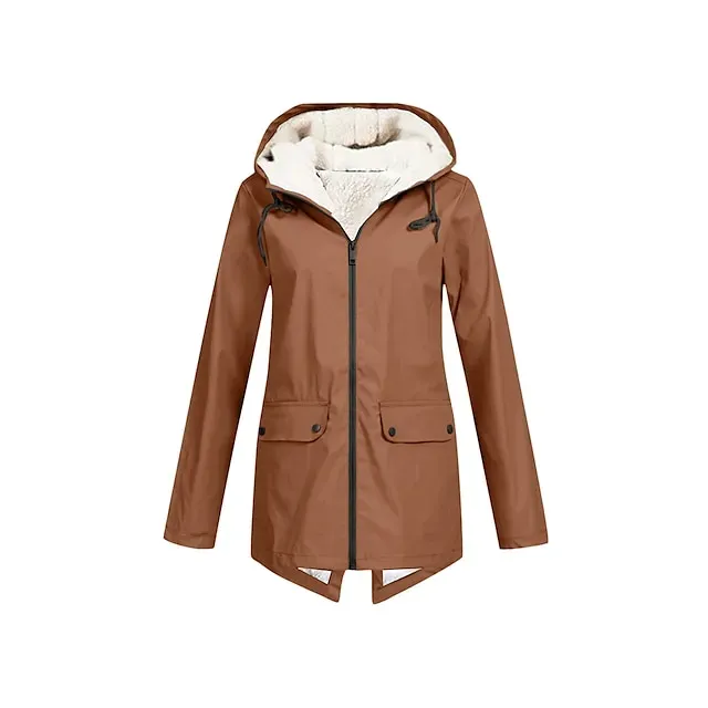 Women's Raincoat Waterproof Rain Jacket Fleece Winter Coat Windproof Trench Coat Fall Sport Outdoor Hiking Jacket Lihghtweight Zip up Hooded Jacket with Pocket Warm Long Sleeve Fall Winter Navy