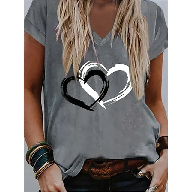 Women's T shirt Tee Heart Gray Print Short Sleeve Valentine Weekend Basic V Neck Regular Fit