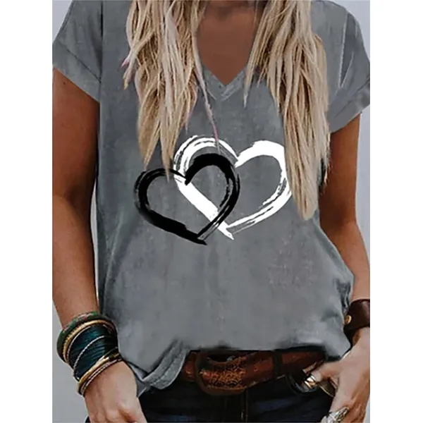Women's T shirt Tee Heart Gray Print Short Sleeve Valentine Weekend Basic V Neck Regular Fit