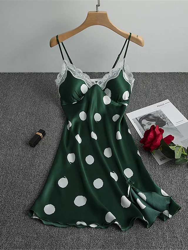 Women's Pajamas Nightgown Nightshirt Dress Dot Pure Color Simple Casual Soft Home Daily Bed Satin Breathable Straps Sleeveless Backless Chest pads Summer Spring Black White