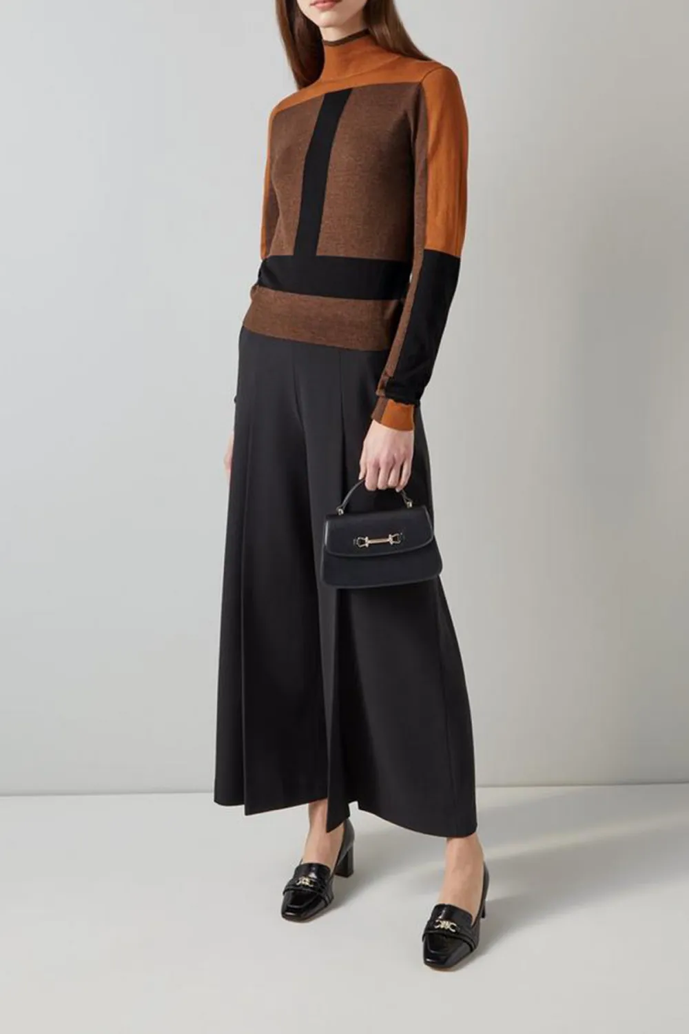 Brown Toned Color Blocked Turtleneck Knit Top