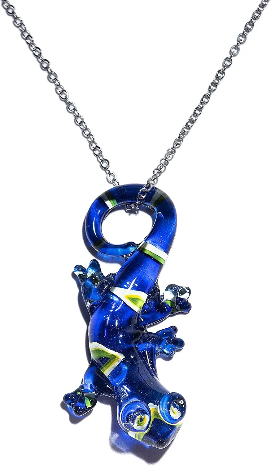 Handmade Large Blue Lizard Art Glass Blown Animal Figurine Pendant Necklace Jewelry