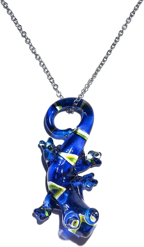 Handmade Large Blue Lizard Art Glass Blown Animal Figurine Pendant Necklace Jewelry