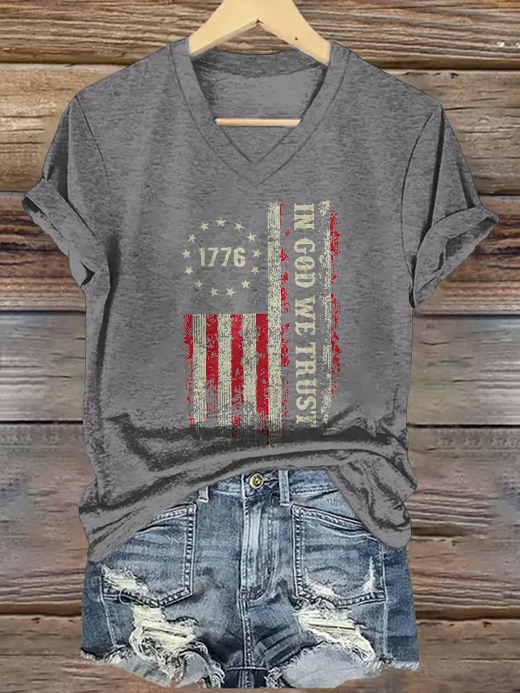 Women's In God We Trust Print Short Sleeve Round Neck Cotton T-Shirt