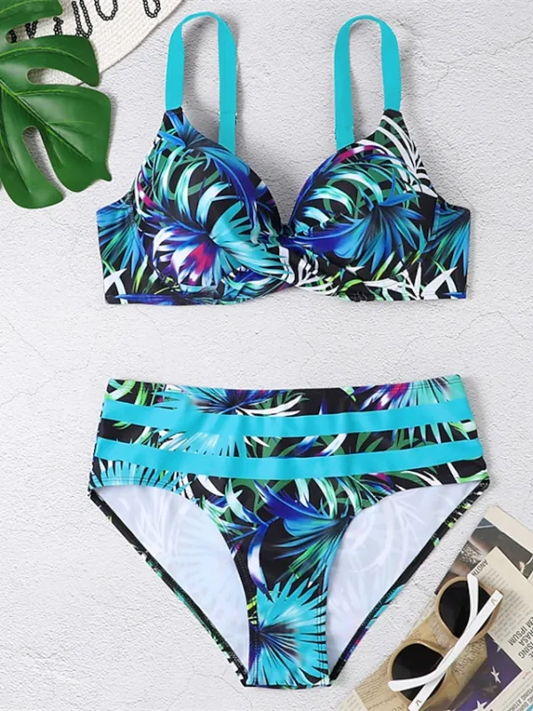 Women's Swimwear Bikini 2 Piece Normal Swimsuit Backless 2 Piece Push Up Sexy Printing Leaf Blue V Wire Bathing Suits New Vacation Beach Wear