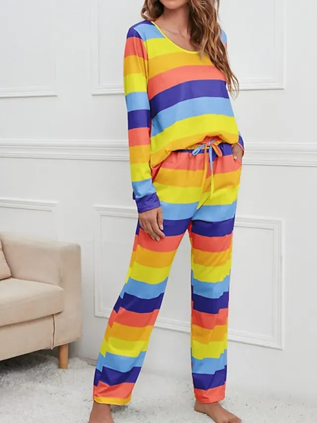 Women's Plus Size Pajamas Sets Nighty Pjs 2 Pieces Rainbow Stripe Fashion Comfort Soft Home Daily Bed Cotton Breathable V Wire Long Sleeve T shirt Tee Pant Fall Spring Blue Yellow