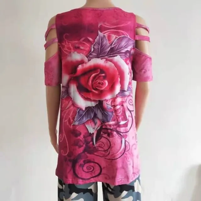 Women Tops T-Shirt Hollow-Out Shoulder Short Sleeve Casual Blouse Shirts Flower Print V-Neck Zipper Shirt