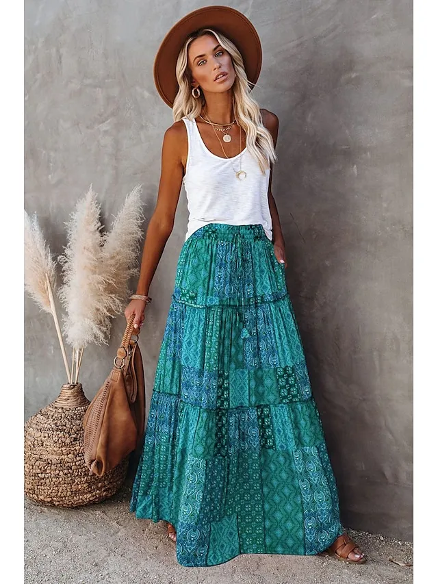 Women's Skirt Swing Long Skirt Maxi Red Blue Purple Orange Skirts Spring & Fall Ruffle Print Fashion coastal grandma style Boho Holiday Casual Daily S M L